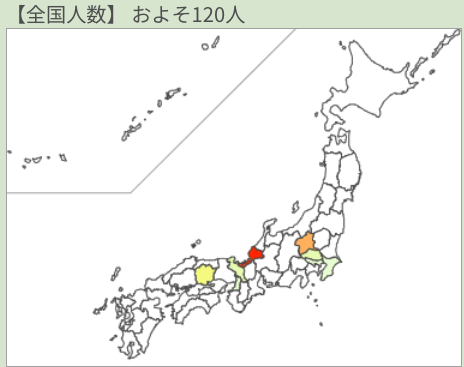 小棹。名字が多い都道府県別地図。